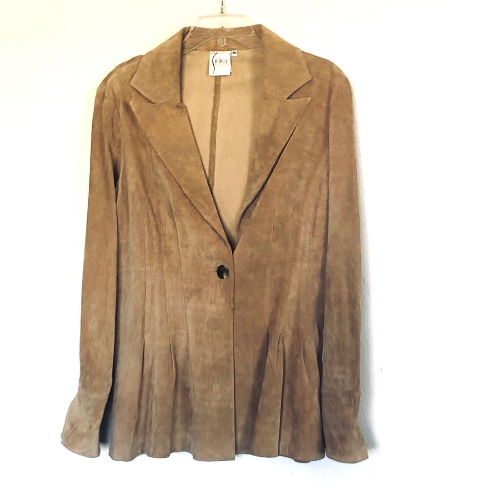 Finley Tan 100% Genuine Suede Leather Single Button Blazer Woman M